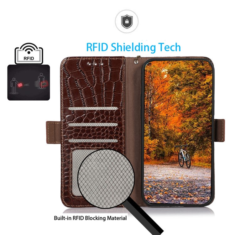 Leather Phone Case for Motorola Moto G53 5G, RFID Blocking Crocodile Texture Anti-scratch Drop-proof Phone Cover Wallet Stand - Brown