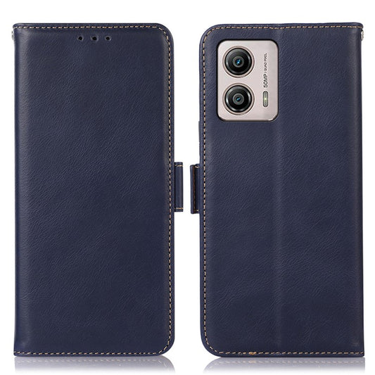 For Motorola Moto G53 5G RFID Blocking Protective Phone Case Genuine Cowhide Leather Phone Cover with Wallet Stand - Blue