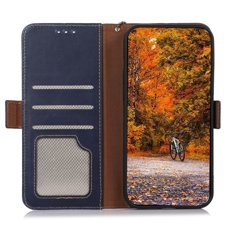 For Motorola Moto G53 5G RFID Blocking Protective Phone Case Genuine Cowhide Leather Phone Cover with Wallet Stand - Blue