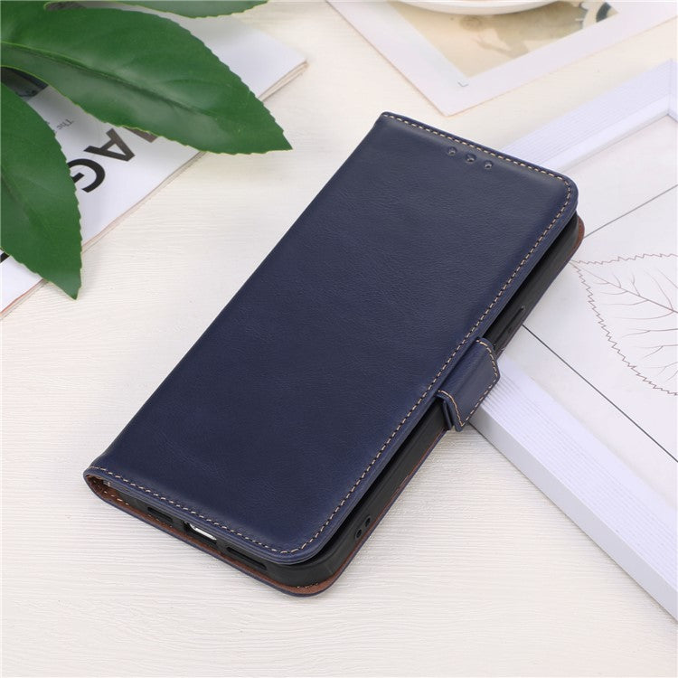 For Motorola Moto G53 5G RFID Blocking Protective Phone Case Genuine Cowhide Leather Phone Cover with Wallet Stand - Blue