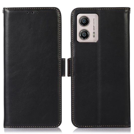 For Motorola Moto G53 5G RFID Blocking Protective Phone Case Genuine Cowhide Leather Phone Cover with Wallet Stand - Black