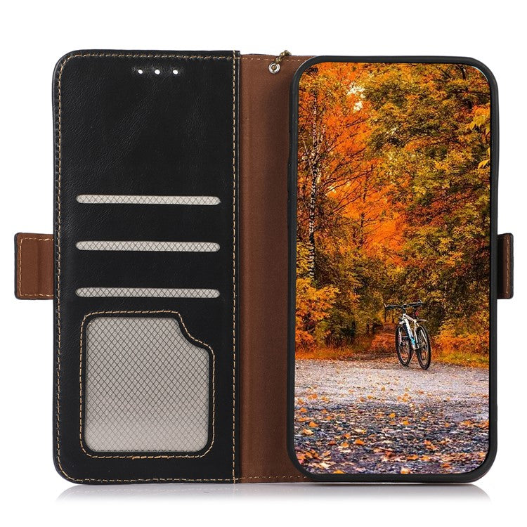 For Motorola Moto G53 5G RFID Blocking Protective Phone Case Genuine Cowhide Leather Phone Cover with Wallet Stand - Black