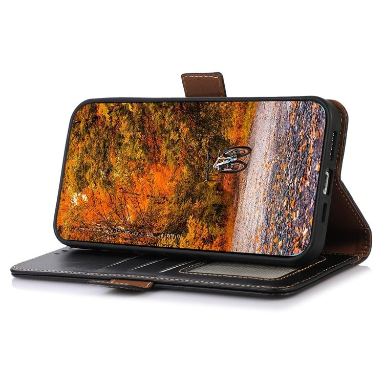 For Motorola Moto G53 5G RFID Blocking Protective Phone Case Genuine Cowhide Leather Phone Cover with Wallet Stand - Black