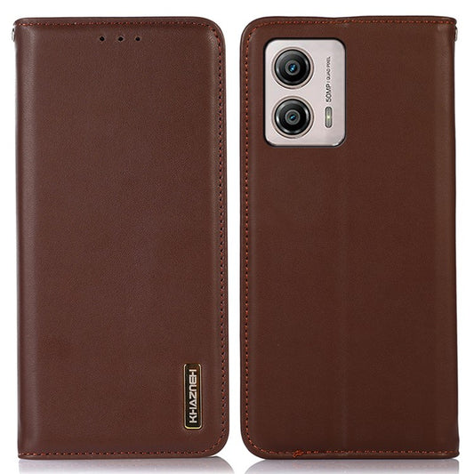 KHAZNEH For Motorola Moto G53 5G Nappa Texture Shockproof Phone Case Genuine Cowhide Leather Flip Wallet Cover Stand - Brown