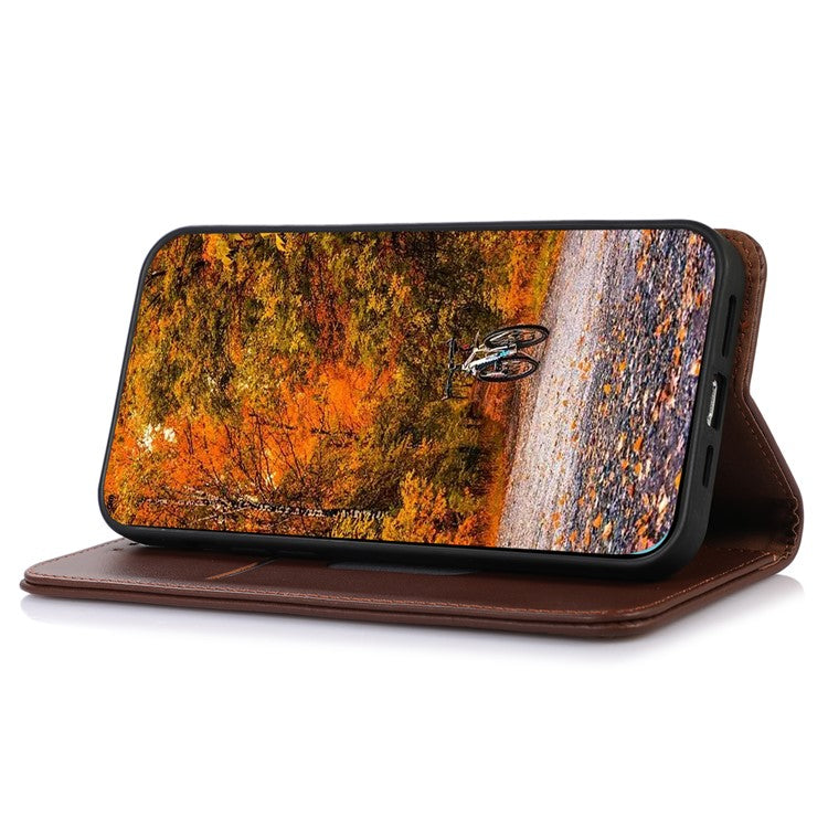 KHAZNEH For Motorola Moto G53 5G Nappa Texture Shockproof Phone Case Genuine Cowhide Leather Flip Wallet Cover Stand - Brown
