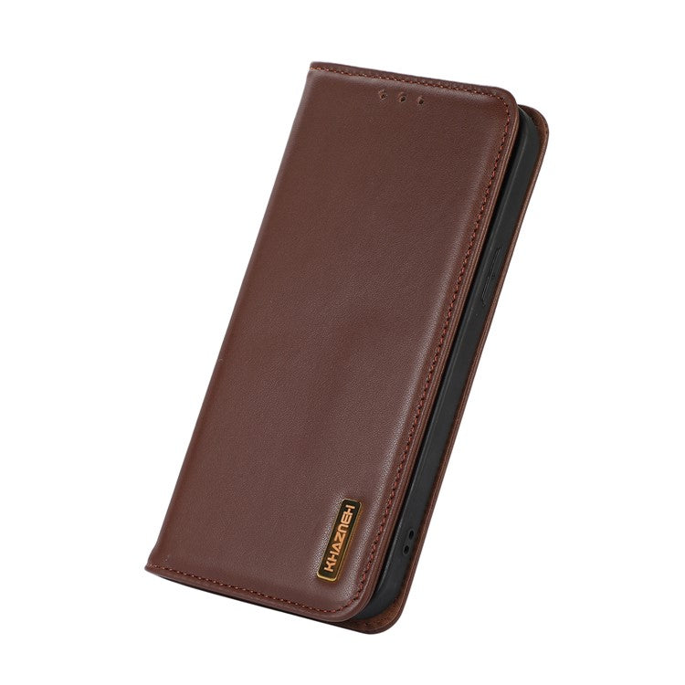 KHAZNEH For Motorola Moto G53 5G Nappa Texture Shockproof Phone Case Genuine Cowhide Leather Flip Wallet Cover Stand - Brown