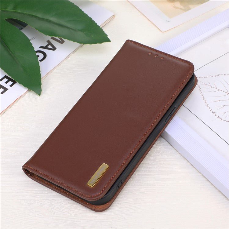 KHAZNEH For Motorola Moto G53 5G Nappa Texture Shockproof Phone Case Genuine Cowhide Leather Flip Wallet Cover Stand - Brown