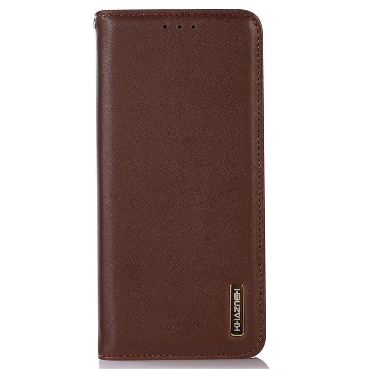 KHAZNEH For Motorola Moto G53 5G Nappa Texture Shockproof Phone Case Genuine Cowhide Leather Flip Wallet Cover Stand - Brown