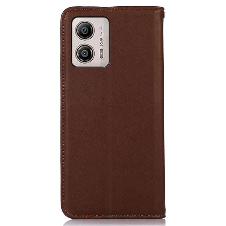 KHAZNEH For Motorola Moto G53 5G Nappa Texture Shockproof Phone Case Genuine Cowhide Leather Flip Wallet Cover Stand - Brown