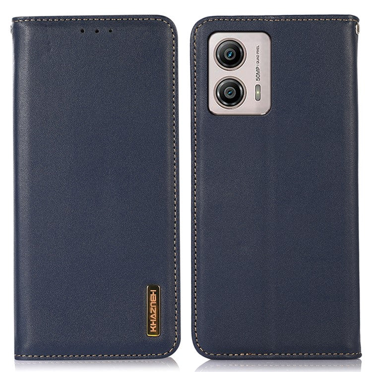 KHAZNEH For Motorola Moto G53 5G Nappa Texture Shockproof Phone Case Genuine Cowhide Leather Flip Wallet Cover Stand - Blue