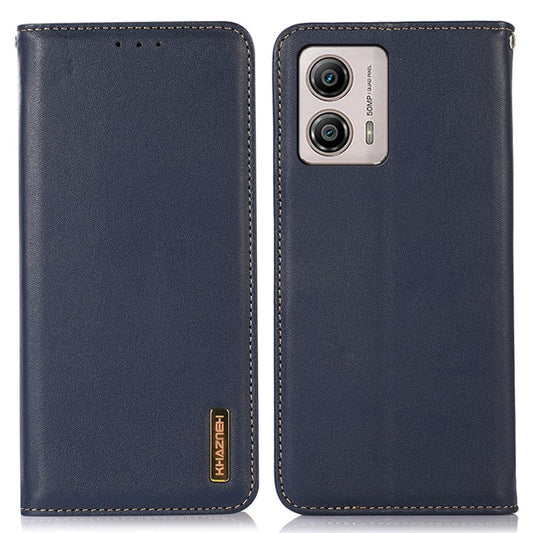 KHAZNEH For Motorola Moto G53 5G Nappa Texture Shockproof Phone Case Genuine Cowhide Leather Flip Wallet Cover Stand - Blue