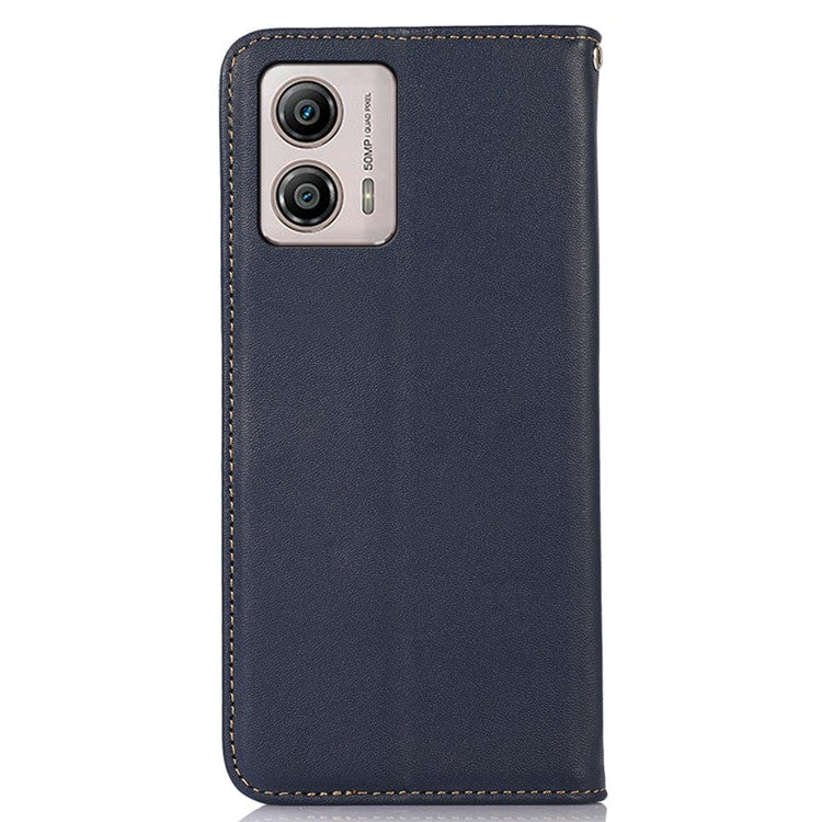 KHAZNEH For Motorola Moto G53 5G Nappa Texture Shockproof Phone Case Genuine Cowhide Leather Flip Wallet Cover Stand - Blue