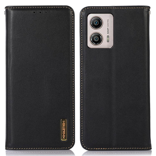 KHAZNEH For Motorola Moto G53 5G Nappa Texture Shockproof Phone Case Genuine Cowhide Leather Flip Wallet Cover Stand - Black