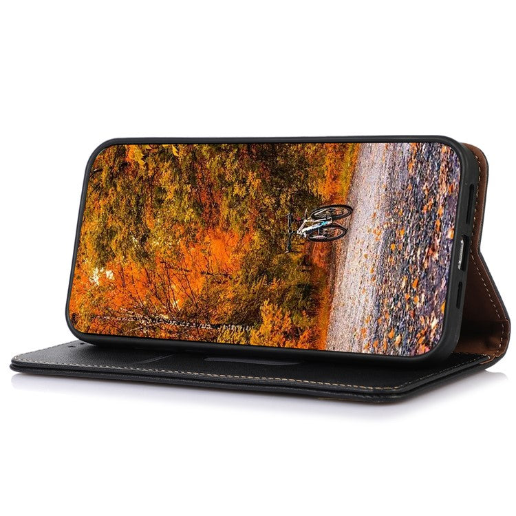 KHAZNEH For Motorola Moto G53 5G Nappa Texture Shockproof Phone Case Genuine Cowhide Leather Flip Wallet Cover Stand - Black