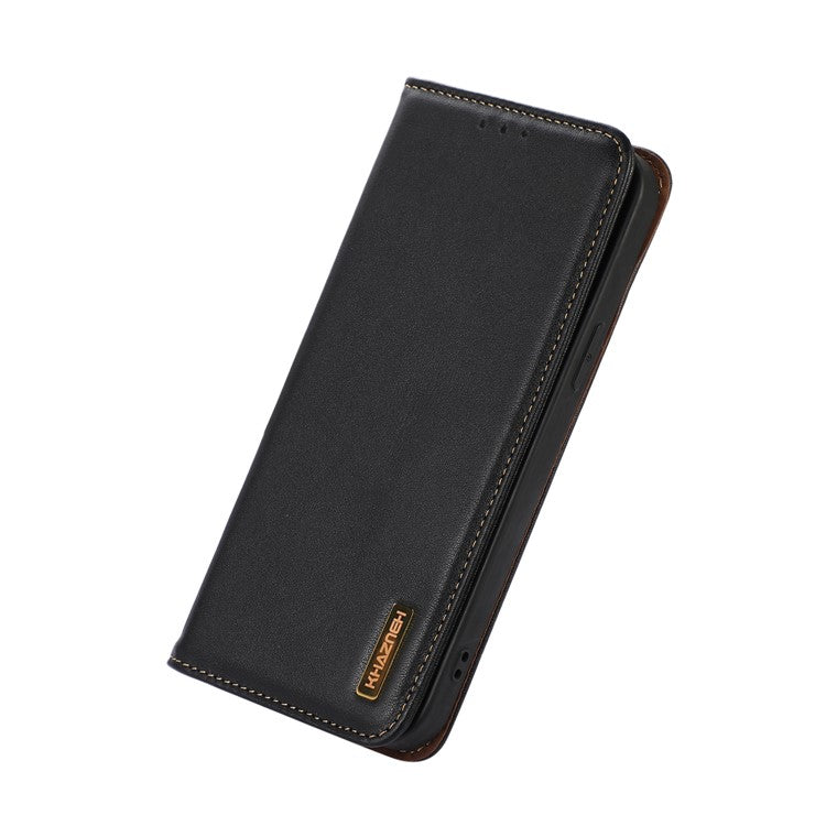 KHAZNEH For Motorola Moto G53 5G Nappa Texture Shockproof Phone Case Genuine Cowhide Leather Flip Wallet Cover Stand - Black