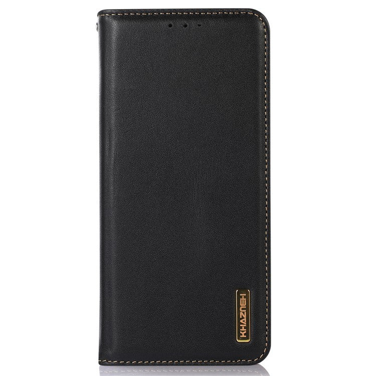 KHAZNEH For Motorola Moto G53 5G Nappa Texture Shockproof Phone Case Genuine Cowhide Leather Flip Wallet Cover Stand - Black