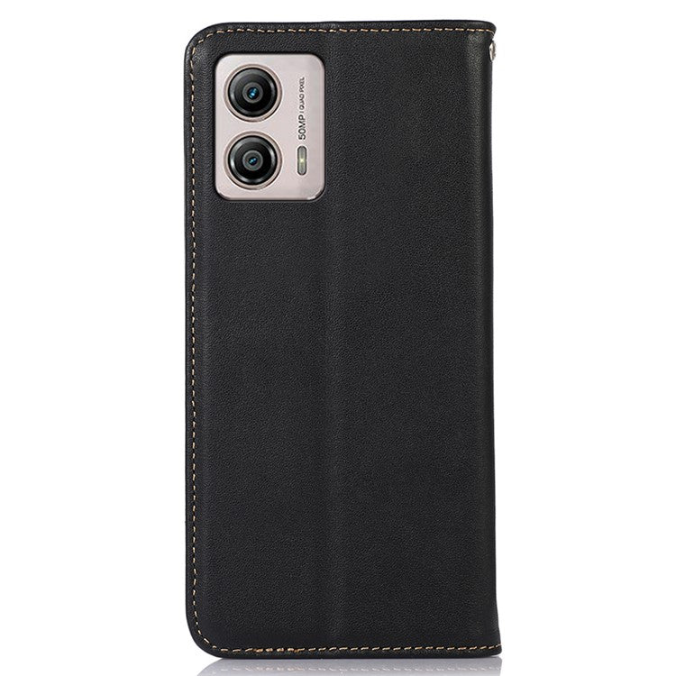 KHAZNEH For Motorola Moto G53 5G Nappa Texture Shockproof Phone Case Genuine Cowhide Leather Flip Wallet Cover Stand - Black