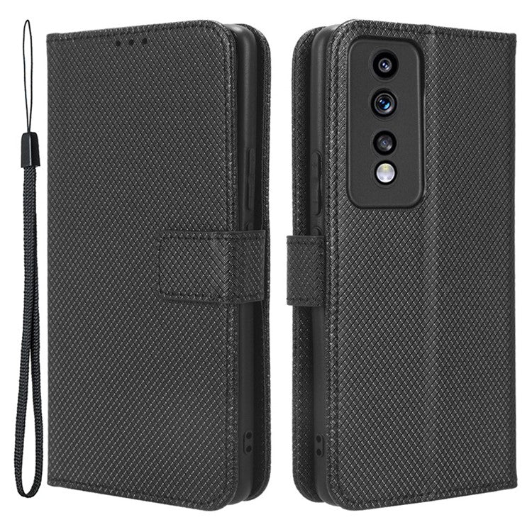 Diamond Texture Leather Phone Case for Honor 80 GT 5G Wallet Phone Stand Cover - Black