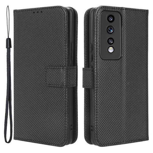 Diamond Texture Leather Phone Case for Honor 80 GT 5G Wallet Phone Stand Cover - Black