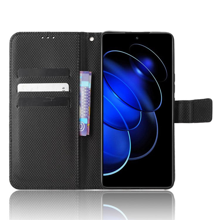 Diamond Texture Leather Phone Case for Honor 80 GT 5G Wallet Phone Stand Cover - Black