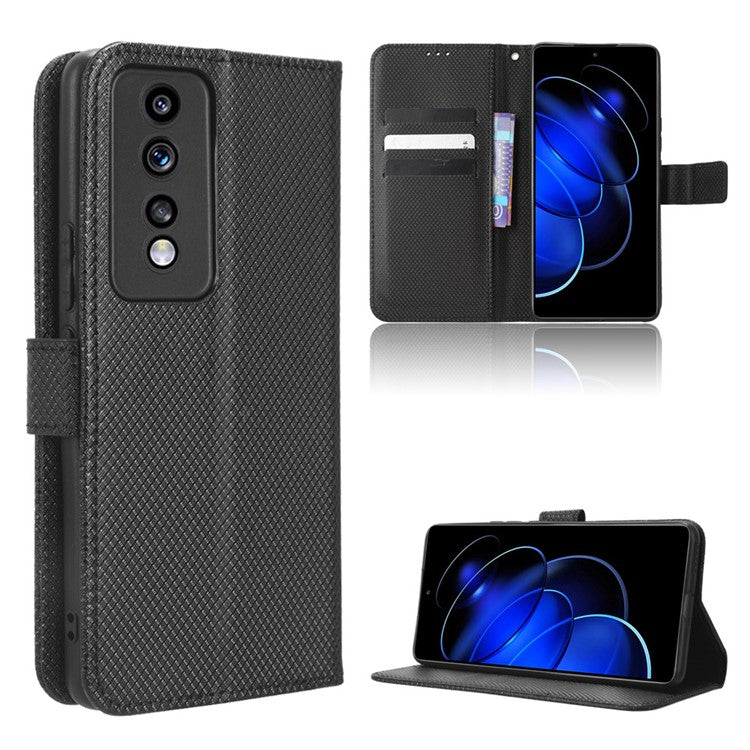 Diamond Texture Leather Phone Case for Honor 80 GT 5G Wallet Phone Stand Cover - Black