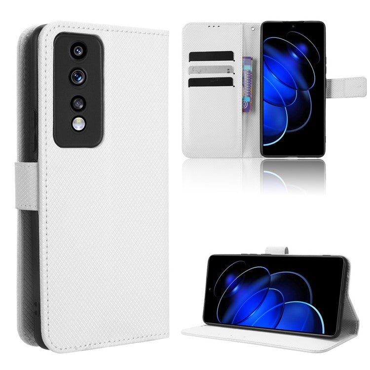 Diamond Texture Leather Phone Case for Honor 80 GT 5G Wallet Phone Stand Cover - White