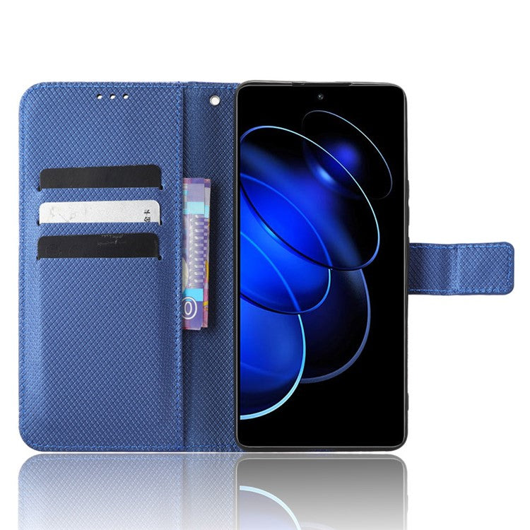 Diamond Texture Leather Phone Case for Honor 80 GT 5G Wallet Phone Stand Cover - Blue
