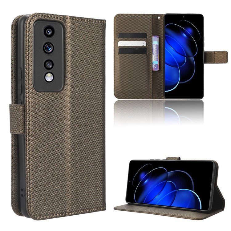 Diamond Texture Leather Phone Case for Honor 80 GT 5G Wallet Phone Stand Cover - Brown