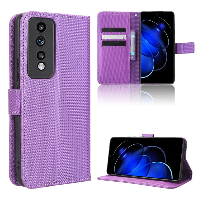 Diamond Texture Leather Phone Case for Honor 80 GT 5G Wallet Phone Stand Cover - Purple
