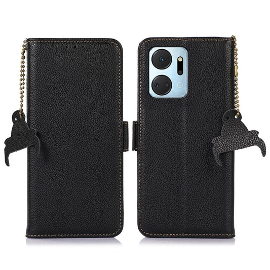 Phone Case For Honor X7a 5G , Stand Wallet Genuine Leather RFID Blocking Scratch-resistant Cell Phone Cover - Black