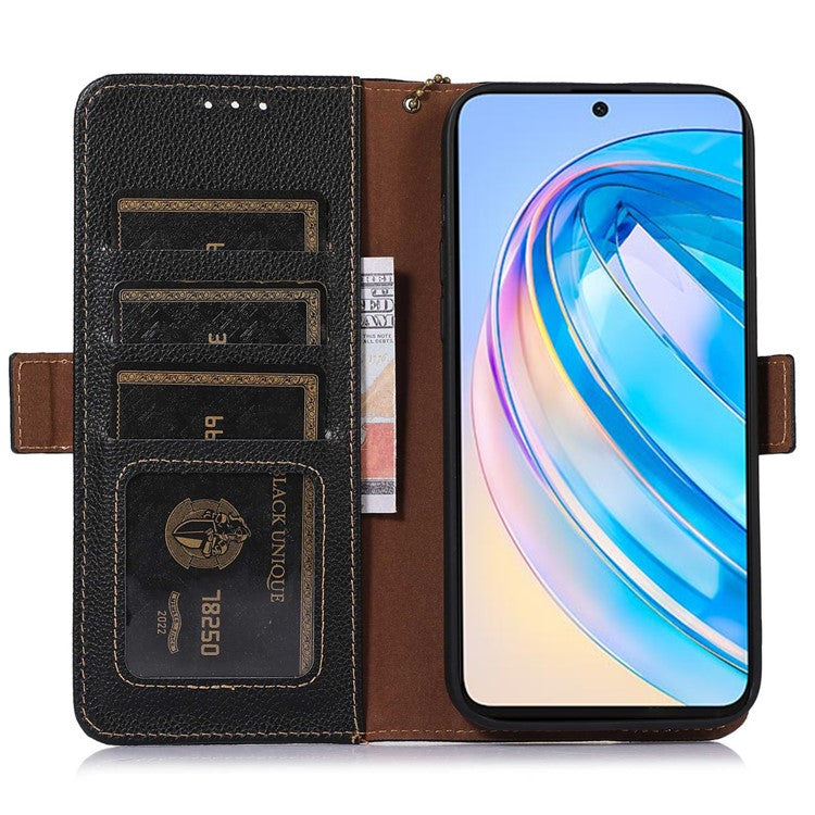 Phone Case For Honor X7a 5G , Stand Wallet Genuine Leather RFID Blocking Scratch-resistant Cell Phone Cover - Black