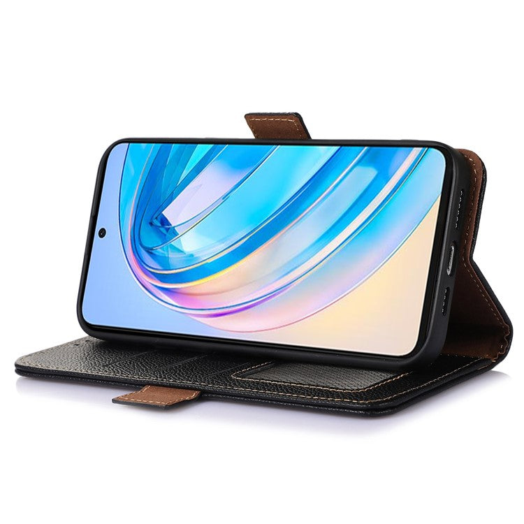 Phone Case For Honor X7a 5G , Stand Wallet Genuine Leather RFID Blocking Scratch-resistant Cell Phone Cover - Black