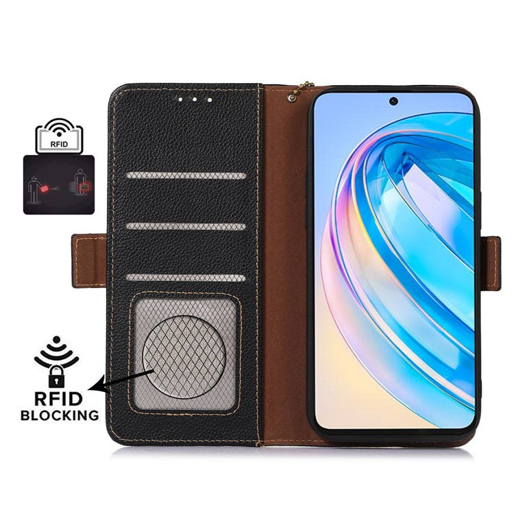 Phone Case For Honor X7a 5G , Stand Wallet Genuine Leather RFID Blocking Scratch-resistant Cell Phone Cover - Black