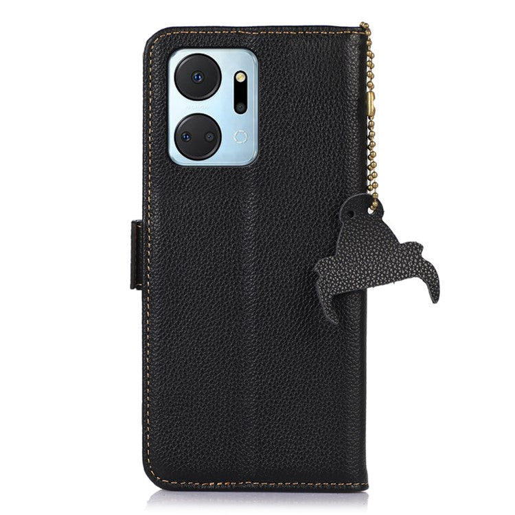 Phone Case For Honor X7a 5G , Stand Wallet Genuine Leather RFID Blocking Scratch-resistant Cell Phone Cover - Black