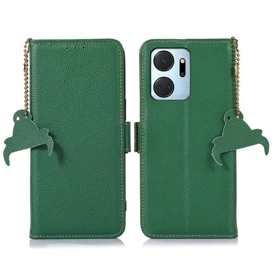 Phone Case For Honor X7a 5G , Stand Wallet Genuine Leather RFID Blocking Scratch-resistant Cell Phone Cover - Green
