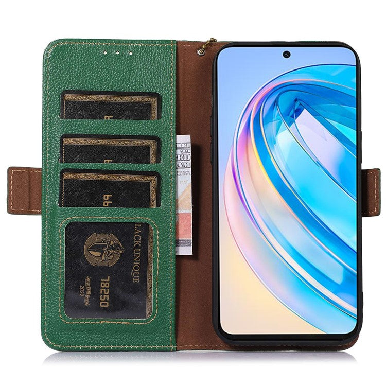 Phone Case For Honor X7a 5G , Stand Wallet Genuine Leather RFID Blocking Scratch-resistant Cell Phone Cover - Green