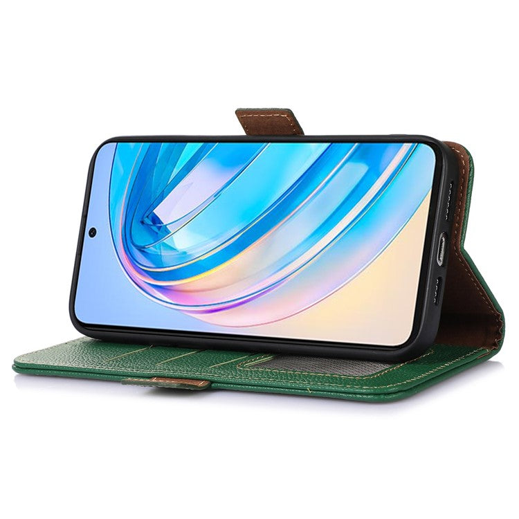 Phone Case For Honor X7a 5G , Stand Wallet Genuine Leather RFID Blocking Scratch-resistant Cell Phone Cover - Green