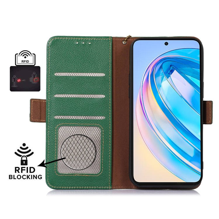 Phone Case For Honor X7a 5G , Stand Wallet Genuine Leather RFID Blocking Scratch-resistant Cell Phone Cover - Green