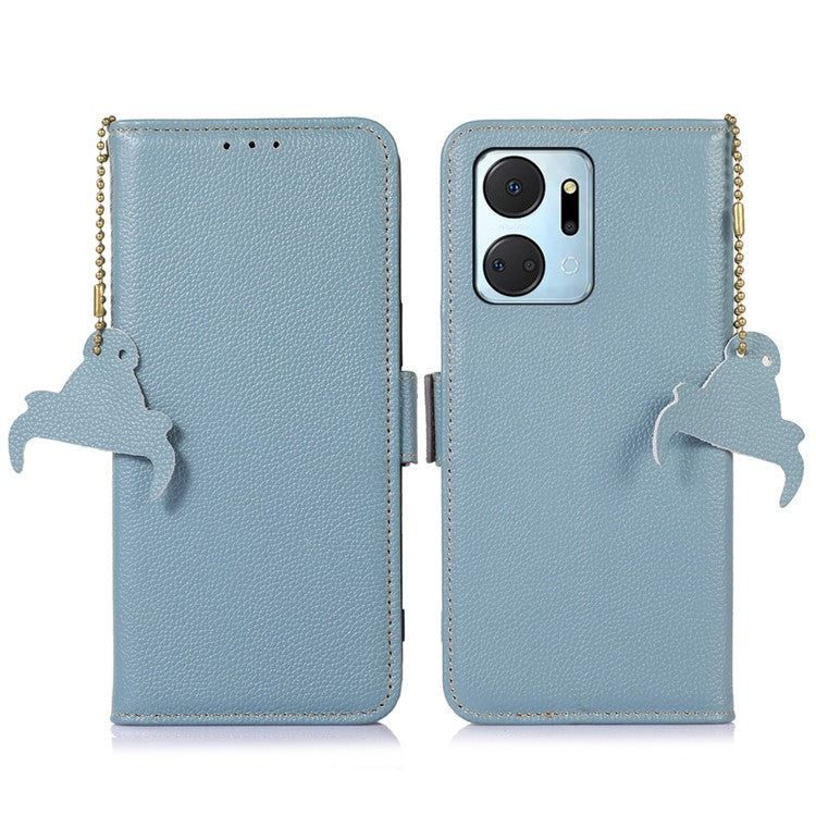 Phone Case For Honor X7a 5G , Stand Wallet Genuine Leather RFID Blocking Scratch-resistant Cell Phone Cover - Blue