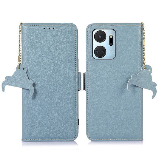 Phone Case For Honor X7a 5G , Stand Wallet Genuine Leather RFID Blocking Scratch-resistant Cell Phone Cover - Blue