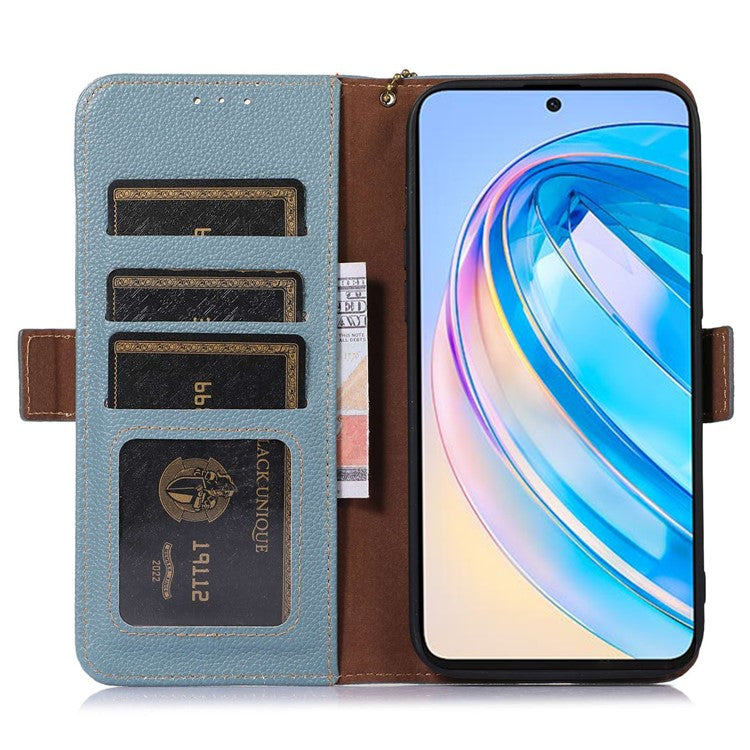 Phone Case For Honor X7a 5G , Stand Wallet Genuine Leather RFID Blocking Scratch-resistant Cell Phone Cover - Blue