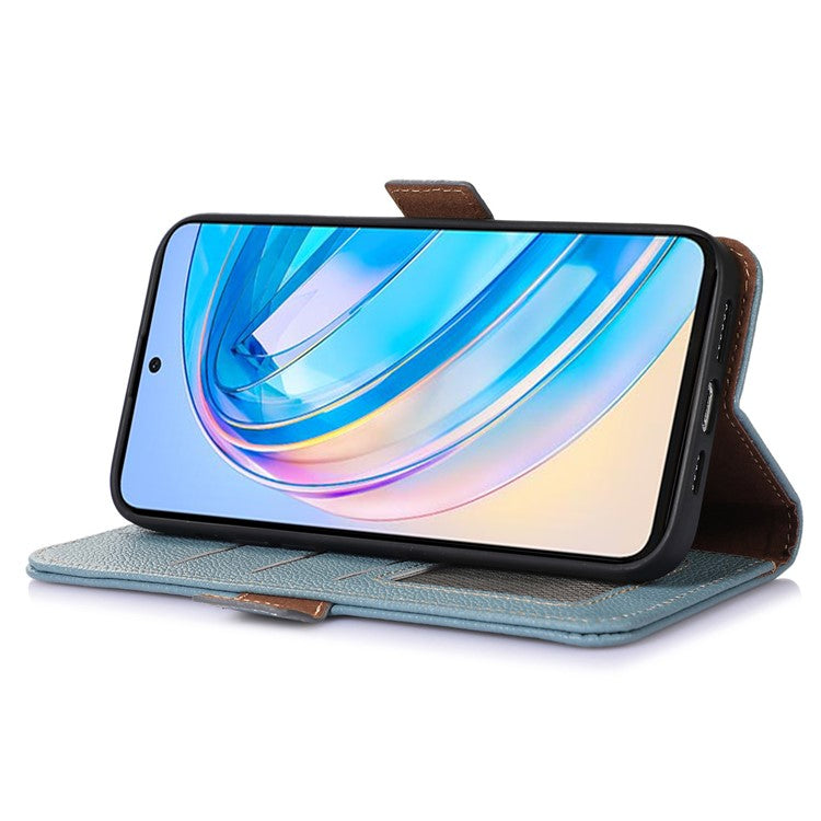 Phone Case For Honor X7a 5G , Stand Wallet Genuine Leather RFID Blocking Scratch-resistant Cell Phone Cover - Blue