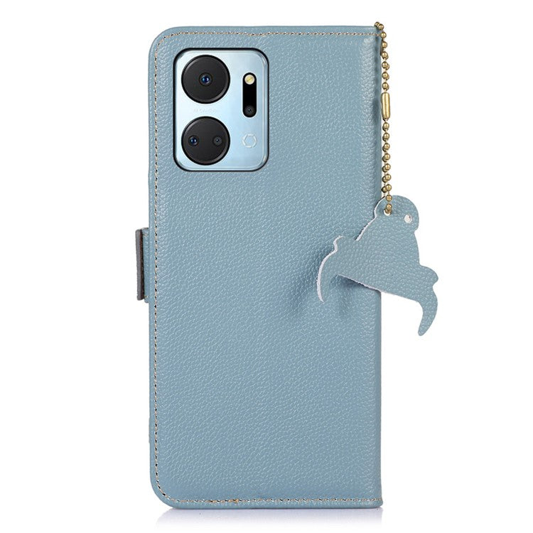 Phone Case For Honor X7a 5G , Stand Wallet Genuine Leather RFID Blocking Scratch-resistant Cell Phone Cover - Blue