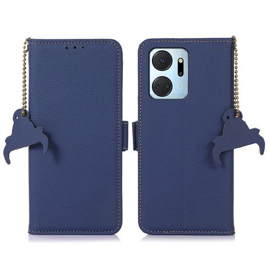 Phone Case For Honor X7a 5G , Stand Wallet Genuine Leather RFID Blocking Scratch-resistant Cell Phone Cover - Sapphire