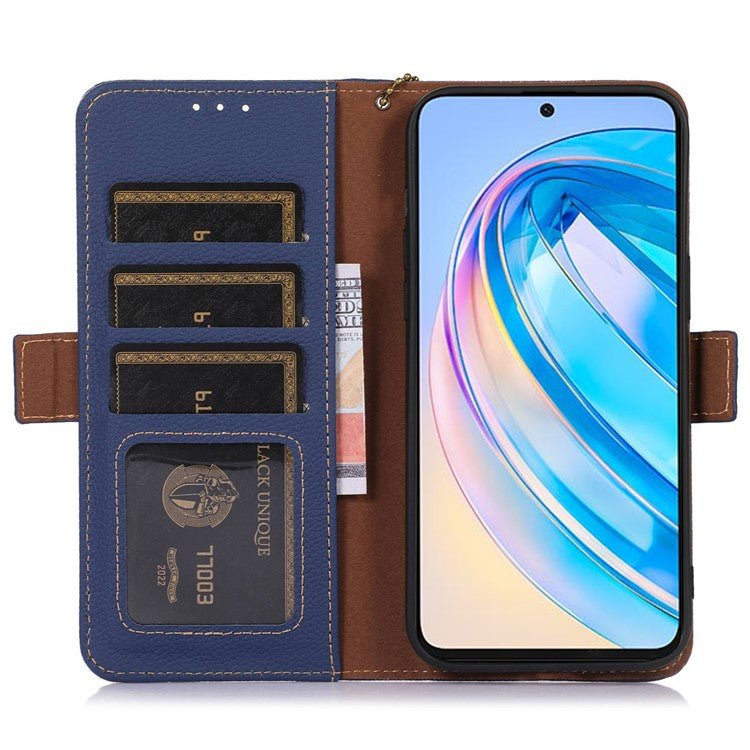 Phone Case For Honor X7a 5G , Stand Wallet Genuine Leather RFID Blocking Scratch-resistant Cell Phone Cover - Sapphire
