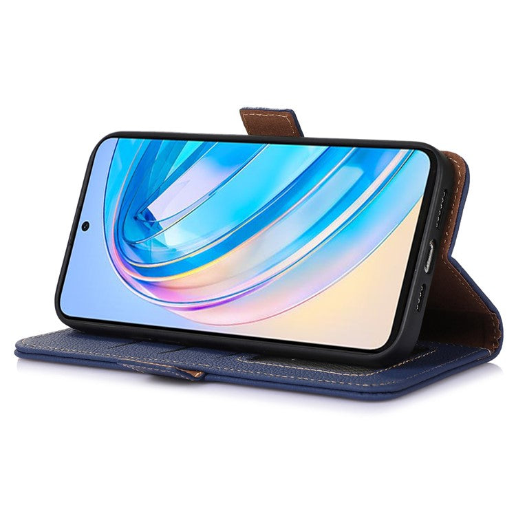 Phone Case For Honor X7a 5G , Stand Wallet Genuine Leather RFID Blocking Scratch-resistant Cell Phone Cover - Sapphire