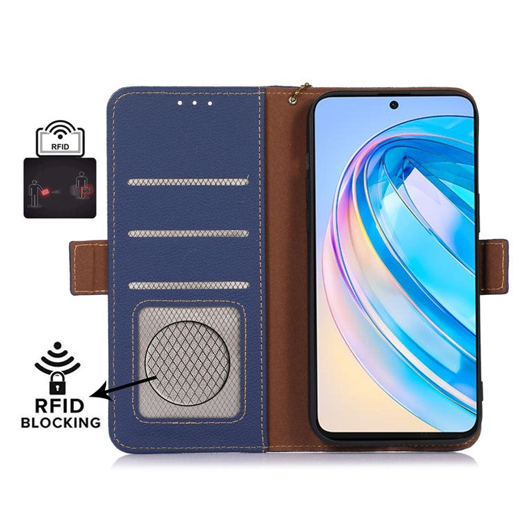 Phone Case For Honor X7a 5G , Stand Wallet Genuine Leather RFID Blocking Scratch-resistant Cell Phone Cover - Sapphire
