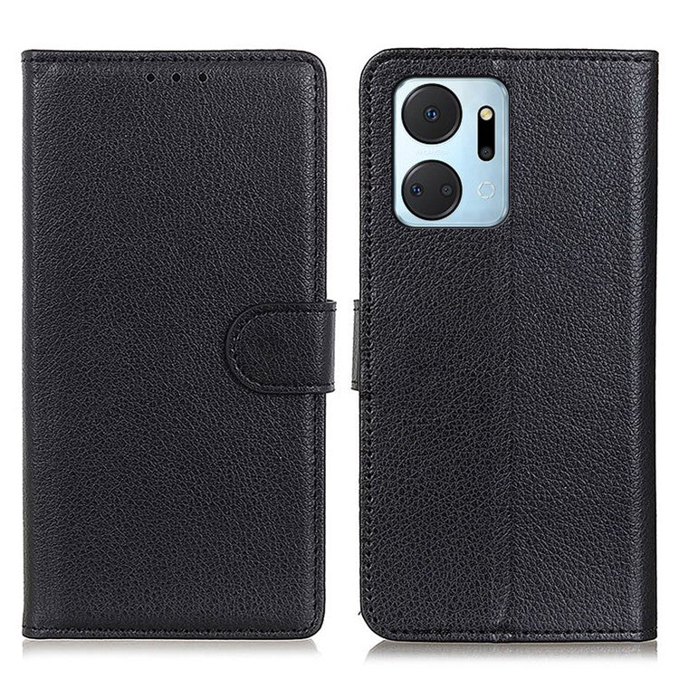 For Honor X7a 5G Drop Protection Phone Case Litchi Texture PU Leather Stand Wallet Anti-scratch Protective Phone Cover - Black