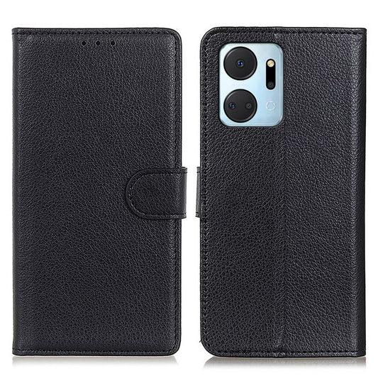 For Honor X7a 5G Drop Protection Phone Case Litchi Texture PU Leather Stand Wallet Anti-scratch Protective Phone Cover - Black