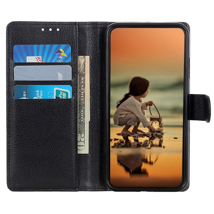 For Honor X7a 5G Drop Protection Phone Case Litchi Texture PU Leather Stand Wallet Anti-scratch Protective Phone Cover - Black